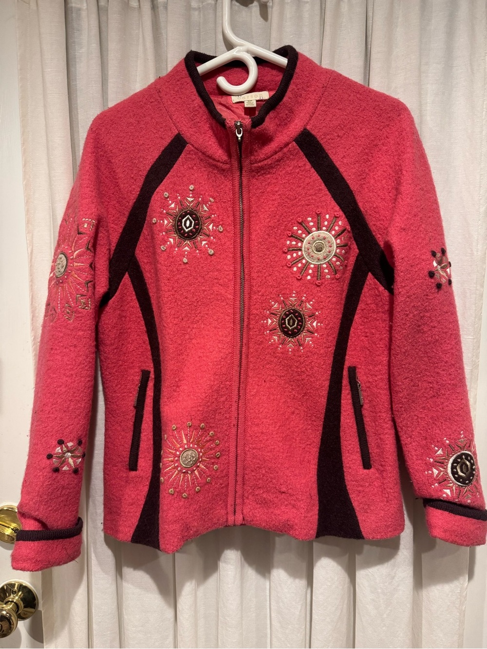Embellished Pink Zip-Front lined Teddy Jacket with Contrast Panels